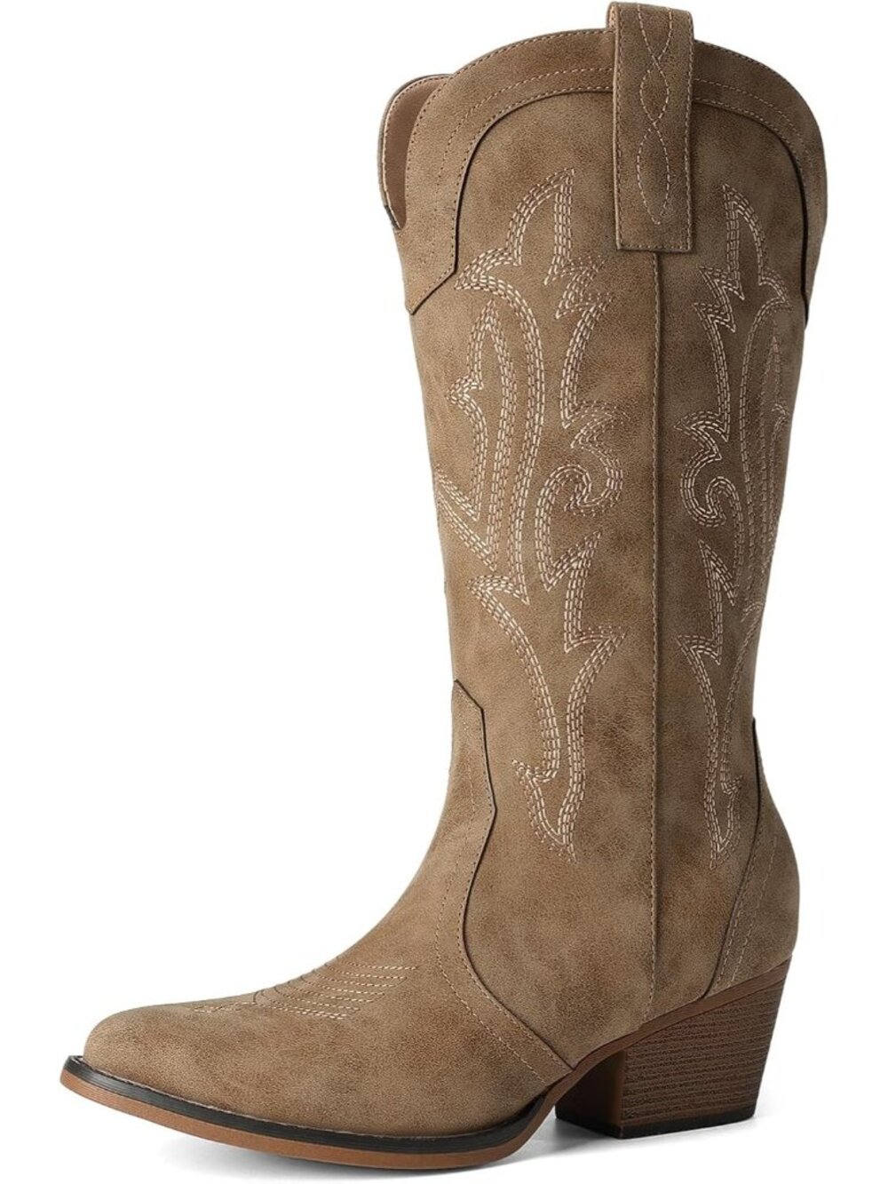 Women's Light Brown Faux Leather Embroidered Pointed Toe Low Heel Mid Calf Boots